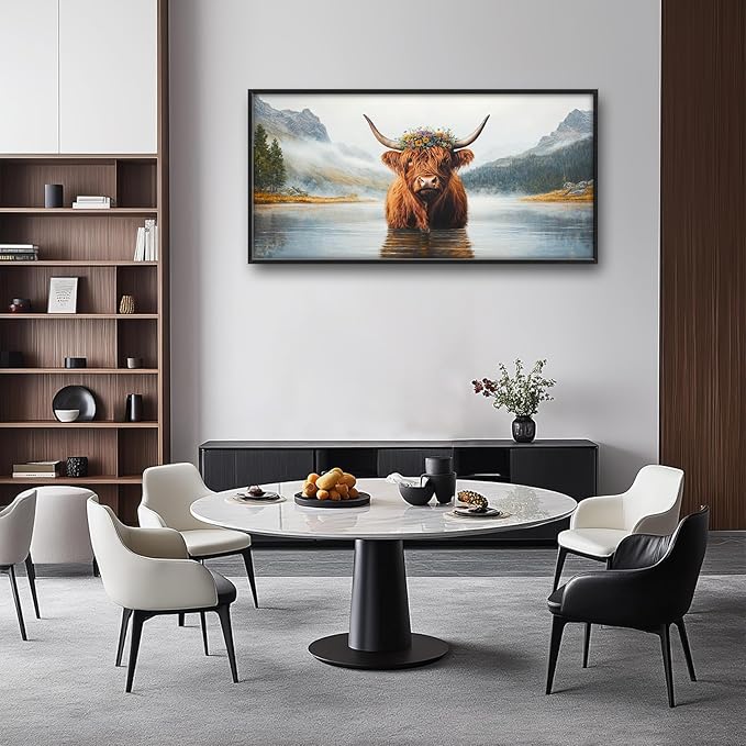 Framed Large Wall Art for Living Room, Highland Cow Canvas Wall Decor, Large Mountain Animal Pictures Framed Painting, Natural Landscape Artwork for Bedroom Office Home Decor 60L'' × 30W''