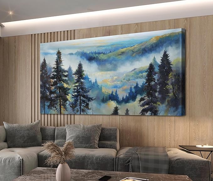 Anolyfi Large Misty Mountain Canvas Wall Art Living Room Foggy Forest Landscape Painting, Nature Pine Tree Scenery Blue Textured Artwork Framed for Bedroom Bathroom Kitchen Office Home Decor 48"x24"