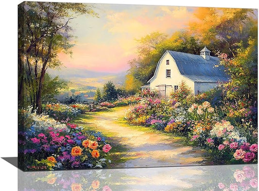 Olivine Garden Wall Art, Barn Pictures Wall Decor, Sunset Painting Vintage Village Garden Canvas Print, Framed Artwork for Living Room Bedroom Bathroom Office Home Decoration 24"x16"