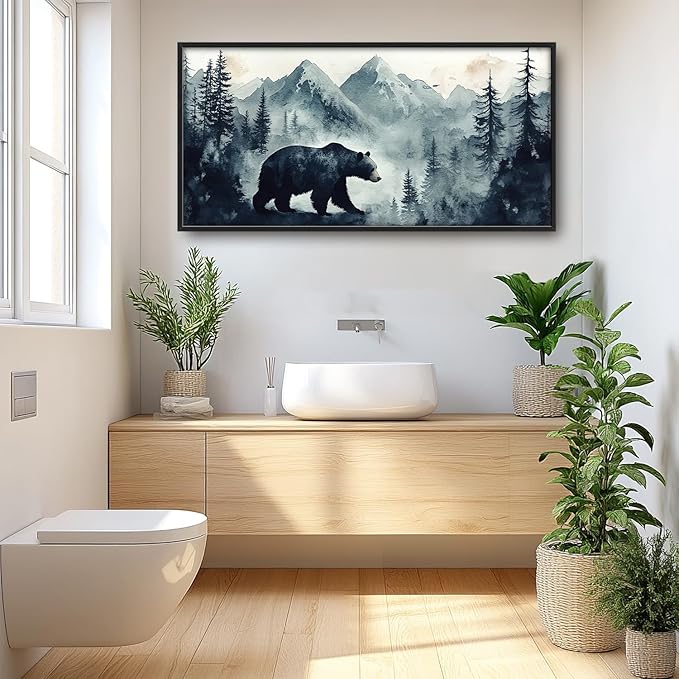 SweetFox Extra Large Forest Bear Framed Wall Art for Living Room, Bear Pictures Oversized Wall Decor Abstract Big Canvas Painting Print Home Artworks for Bathroom Master Bedroom Office 60L X 30W