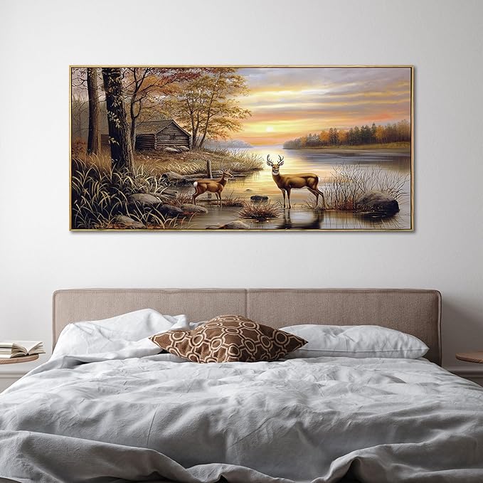 yiijeah Deer Pictures Wall Decor - Autumn Rustic Forest Cabin Painting Prints Wildlife Pictures Animal Elk Poster Large Canvas Wall Art Modern Hunting Decor Framed Artwork for Walls