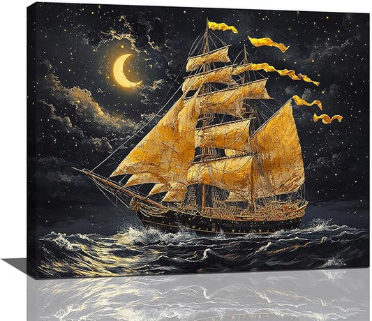 Olivine Sailboat Wall Art, Nautical Pictures Wall Decor, Ocean Seascape Painting, Coastal Night Canvas Prints, Framed Artwork for Bathroom Bedroom Living Room Office Home Decoration 20"x16"
