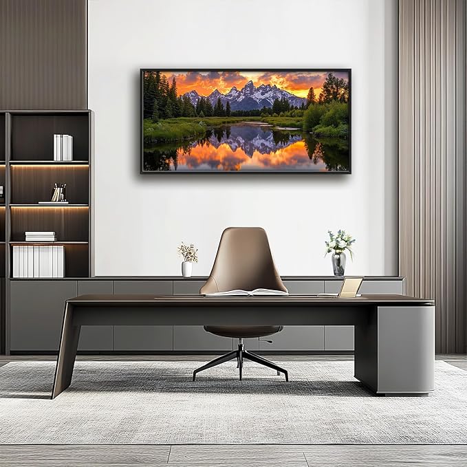Large Mountain Lake Wall Art for Living Room, Forest Tree Canvas Wall Decor, Sunset Pictures Framed Painting, Natural Landscape Artwork for Bedroom Office 60L'' × 30W''