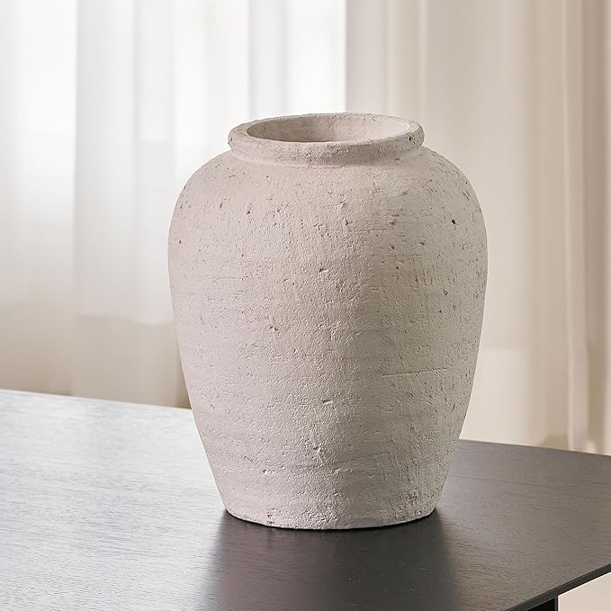 LB2 Large White Ceramic Vase, 11.8" Tall Zen Style vase, Terra Cotta Pitcher Vase, Distressed Farmhouse Decor, Pottery Decorative Flower for Home Decor (H 11.8" X 9.8")
