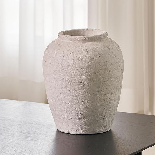 LB2 Large White Ceramic Vase, 11.8" Tall Zen Style vase, Terra Cotta Pitcher Vase, Distressed Farmhouse Decor, Pottery Decorative Flower for Home Decor (H 11.8" X 9.8")
