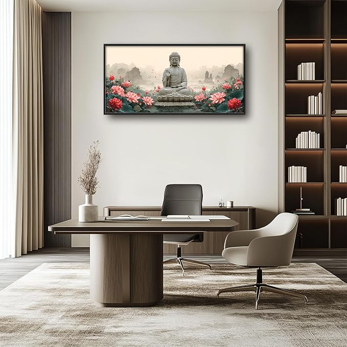 Glocmna Large Buddha Wall Art for Living Room Zen Buddha Lotus Canvas Wall Decor Big Meditation Pictures Painting Print Framed Artwork Decorations Gifts for Bedroom Home Spa Yoga Room Office Hotel 30"x60"