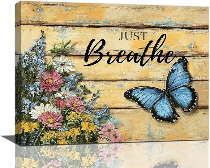 Olivine Butterfly Wall Art, Butterflies Flower Pictures Wall Decor, Just Breathe Painting, Vintage Farmhouse Canvas Prints, Framed Artwork for Living Room Bedroom Bathroom Kitchen Office Home 16"x12"