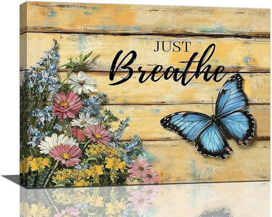 Olivine Butterfly Wall Art, Butterflies Flower Pictures Wall Decor, Just Breathe Painting, Vintage Farmhouse Canvas Prints, Framed Artwork for Living Room Bedroom Bathroom Kitchen Office Home 16"x12"
