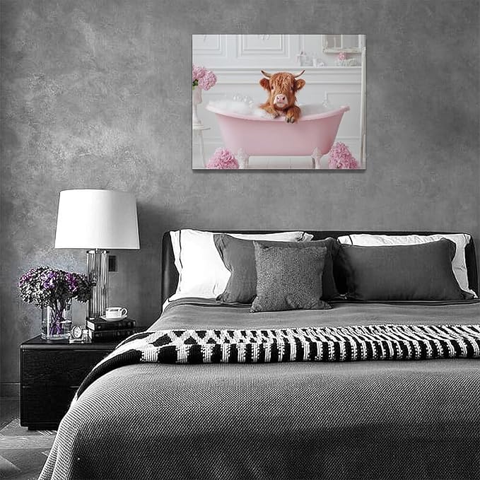 Bathroom Cow Wall Art Highland Cow Wall Decor Pink Pictures Canvas Painting Framed Artwork Home Decorations for Toilet Lavatory Living Room Bedroom 16"x12"