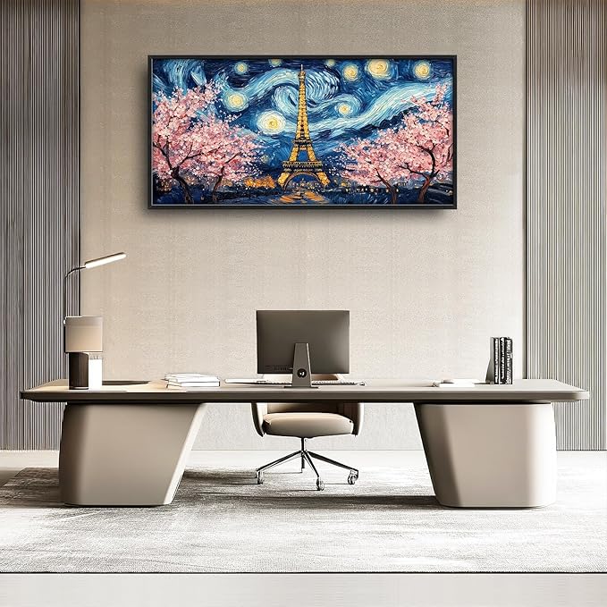 Eiffel Tower Large Wall Art Paris Cherry Blossom Pictures Wall Decor Landmark Landscape Canvas Starry Sky Print Painting Modern Artwork Home Decoration for Living Room Bathroom Bedroom Office Framed 60"x30"
