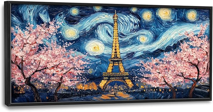 Eiffel Tower Large Wall Art Paris Cherry Blossom Pictures Wall Decor Landmark Landscape Canvas Starry Sky Print Painting Modern Artwork Home Decoration for Living Room Bathroom Bedroom Office Framed 60"x30"