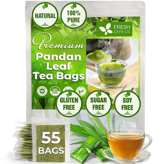 FreshDrinkUS, Premium 55 Pandan Leaf Tea Bags, 100% Natural & Pure from Pandan Leaves. Loose Leaf Pandan Herbal Tea. Made with Natural Material Tea Bags. No Sugar, No Caffeine, No Gluten, Vegan.