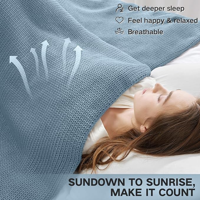 Guohaoi Knitted Weighted Blanket for Adults (Haze Blue 60"x80" 12lbs) No Beads Cooling Throw Blanket for Hot Sleepers, Home Decor Breathable Chunky Knit Heavy Blanket Use on Queen/King Size Bed