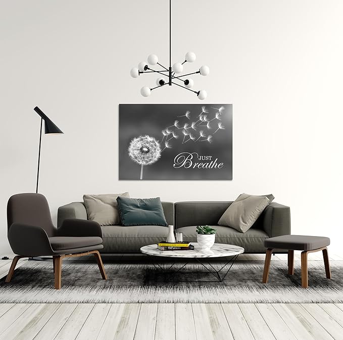 SKASNFAI Black and White Dandelion Zen Wall Art Canvas Just Breathe Motivation Positive Picture Art Print for Spa Yoga Meditation Wall Decor Ready to Hang (20L x 30W)