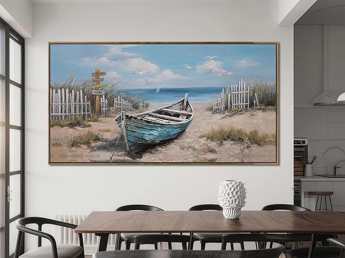 Ardemy Framed Blue Wall Art for Bedroom Canvas Picture Oversize Wall Decor Living Room, Textured Painting Beach Seascape Picture Artwork, Extra Large 58"x29"