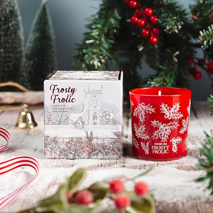 Christmas Scented Jar Candle - 6oz Soy Wax Candle - Frosty Frolic Infused with Pine Forest Aroma - with Beautiful Keepsake Box Special for Christmas/Holiday Gifts
