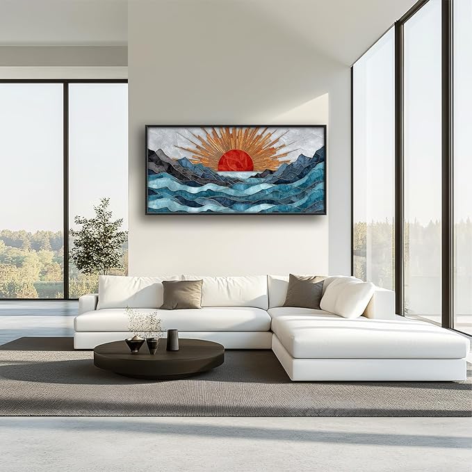 Glocmna Large Wall Art for Living Room Japanese Stained Glass Mountain Sunrise Wall Decor Modern Oriental Landscape Canvas Big Pictures Painting Print Framed Artwork Decorations Gifts for Bedroom Home Office Hotel 30"x60"