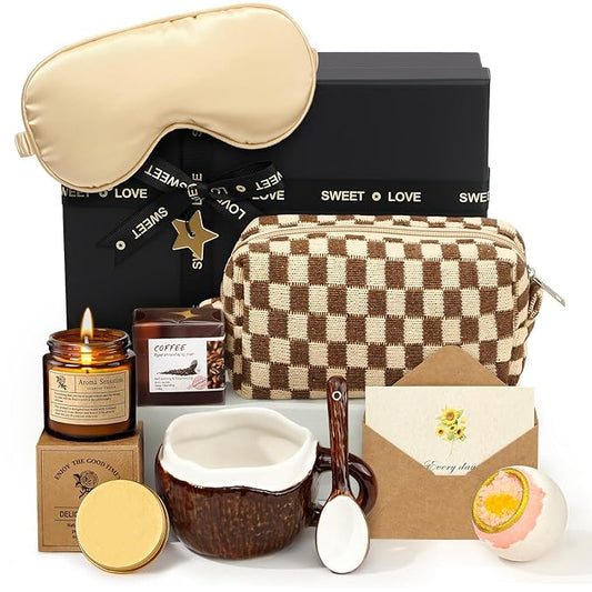 Golray Spa Gift Set for Women, Brown Relaxing Bath Gift with Coconut Mug & Coffee Soap, Women Care Package Get Well Soon Gift, Unique Mothers Day Gifts Idea for Mom Her Friends Sister Wife