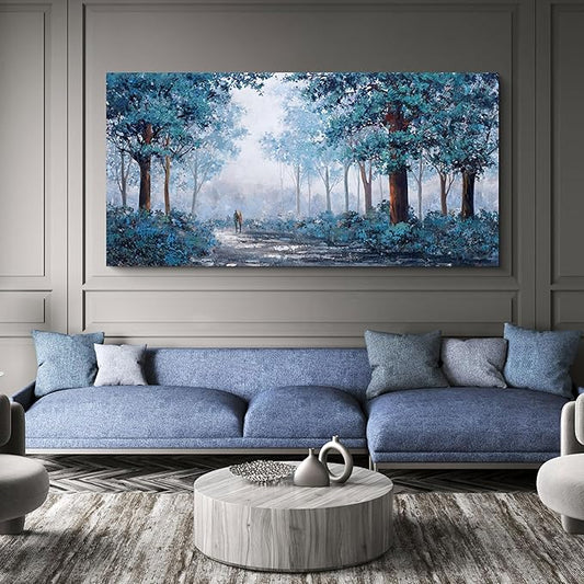 KLAKLA Prussian Blue Wall Art - Vibrant Color Matching - Multi-layered Paint Overlay Effect & 24x48 inch Blue Leaves Plant Forest Picture Artwork Living Room Wall Decor