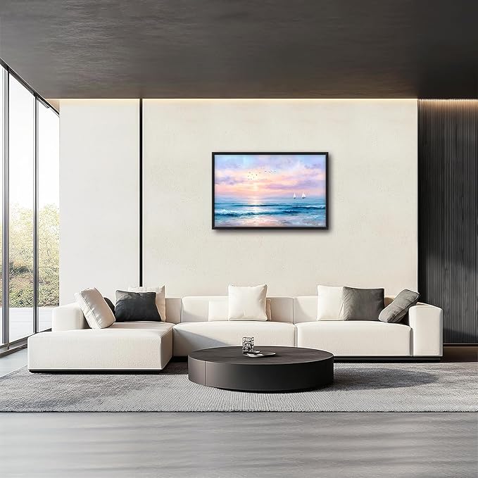 Glocmna Large Wall Art for Living Room Ocean Beach Wall Decor Nautical Sunrise Seascape Canvas Big Coastal Landscape Painting Print Artwork Framed Artwork Decorations Gifts for Bedroom Home Office Hotel 24"x36"