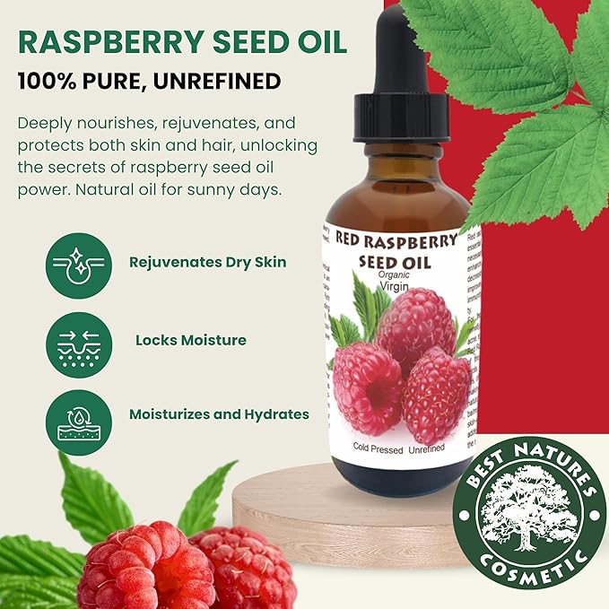 Best Nature's Cosmetics Red Raspberry Seed Oil – 100% Pure, Organic, Cold-Pressed – Natural Face & Hair Moisturizer – Rich in Vitamin E, Omega 3 – Anti-Aging Skincare – 1 fl oz / 30 ml