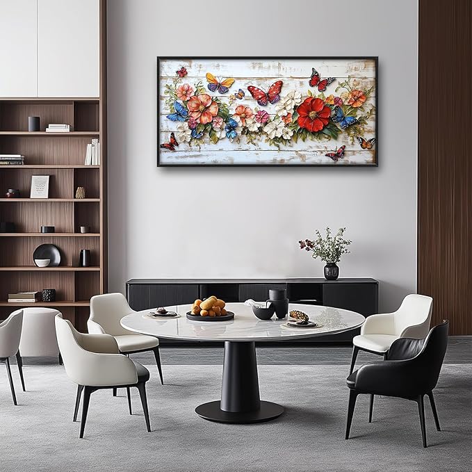 Olivine Flower Large Wall Art, Butterfly Pictures Wall Decor, Boho Painting, Rustic Wood Grain Canvas Prints, Framed Artwork for Dining Room Living Room Bedroom Bathroom Office Home Decor 60"x30"