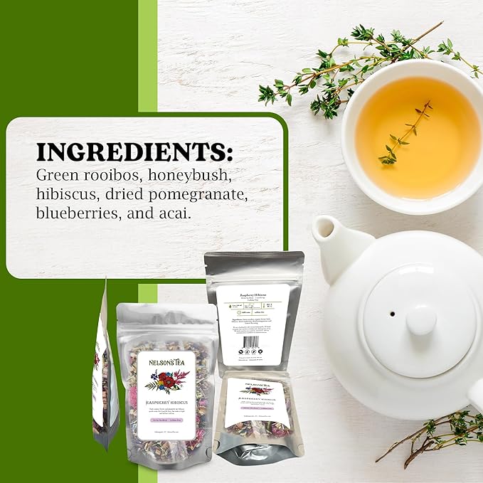 Nelson's Tea Raspberry Hibiscus Tea - Caffeine Free, Cut & Sifted Green Rooibos, Honeybush, Dried Raspberries, Acai, and Pomegranate Loose Leaf (Sample)