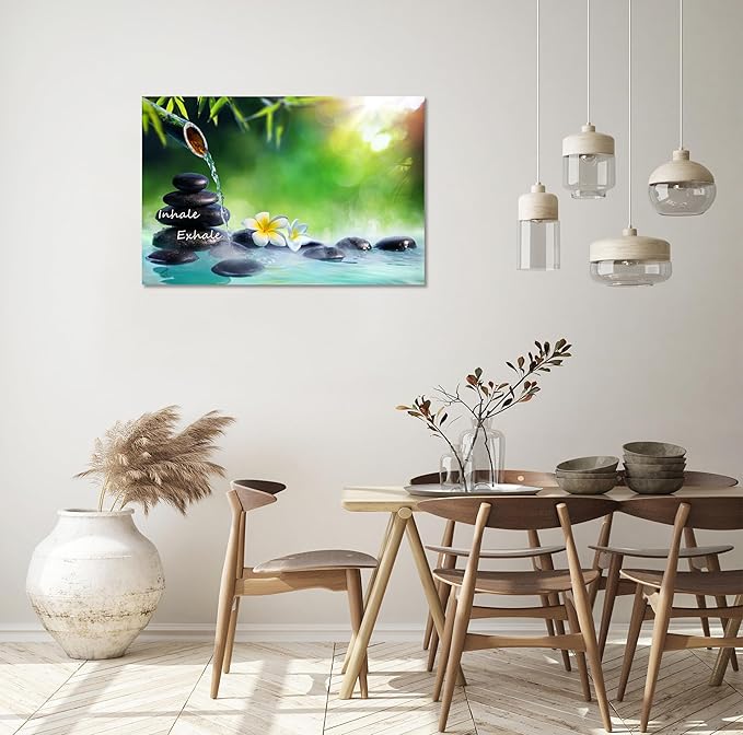 YIOZHAOFH Spa Canvas Print Art Nature Zen Painting Relaxing Bathroom Wall Art Decor White Lotus Pictures Framed Artwork Inhale Exhale Poster Office Decor for Spa Room Bedroom (24L x 36W)