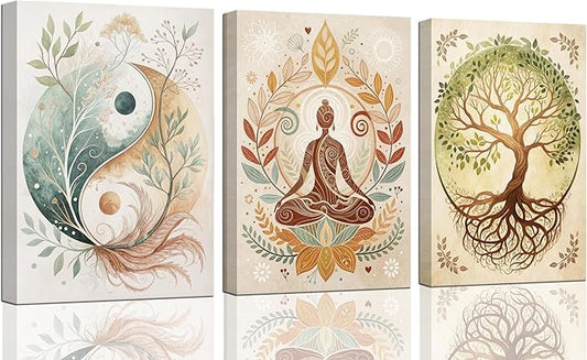 3 Pcs Tree of Life Canvas Wall Art Lotus Zen Painting Pictures Wall Decor Yin Yang Taichi Spiritual Prints Posters for Living Room Yoga Room Hotel Bedroom Home Decor 16x24in Framed