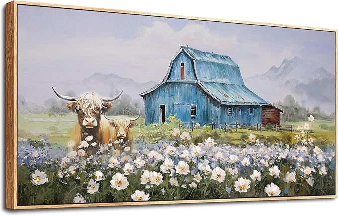 Anolyfi Barn Farmhouse Canvas Wall Art for Living Room, Highland Cow Picture and Country Chic Landscape Farm Painting Turquoise Artwork for Bedroom Office Hallway Home Decor, Wood Framed 58"x29"