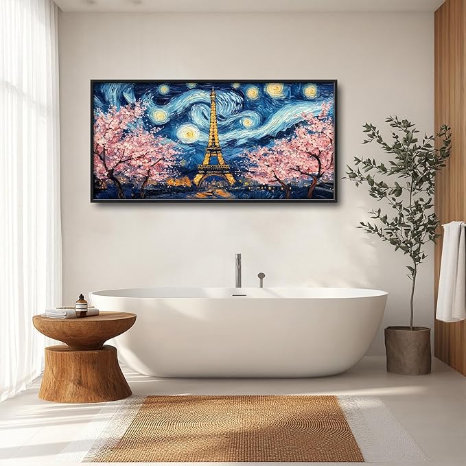 Eiffel Tower Large Wall Art Paris Cherry Blossom Pictures Wall Decor Landmark Landscape Canvas Starry Sky Print Painting Modern Artwork Home Decoration for Living Room Bathroom Bedroom Office Framed 60"x30"