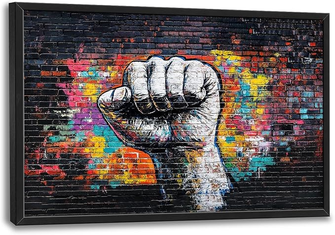 SweetFox Extra Large Graffiti Fist Framed Wall Art for Living Room, Raised Fist Street Art Pictures Oversized Wall Decor Abstract Canvas Painting Print Artwork for Bathroom Master Bedroom 36L X 24W