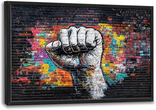 SweetFox Extra Large Graffiti Fist Framed Wall Art for Living Room, Raised Fist Street Art Pictures Oversized Wall Decor Abstract Canvas Painting Print Artwork for Bathroom Master Bedroom 36L X 24W
