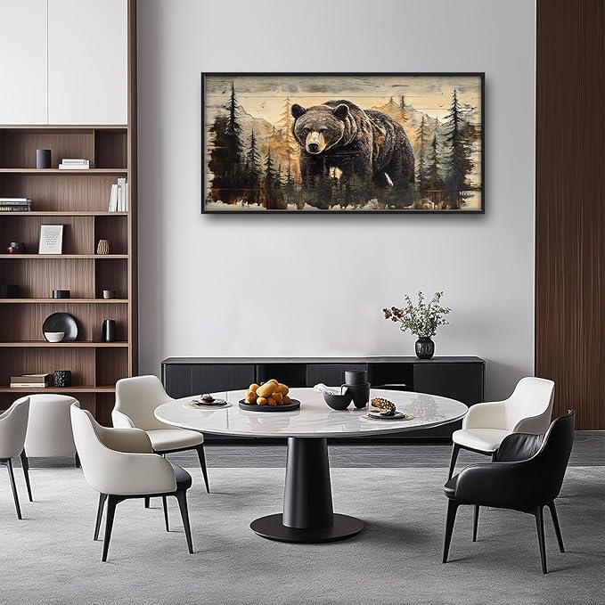 Cabin Wall Art for Living Room, Brown Bear Canvas Wall Decor, Large Wildlife Animal Pictures Framed Painting, Natural Landscape Artwork for Bedroom Office Home Decor 60L'' × 30W''