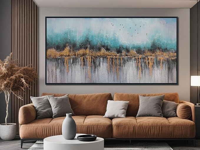 Ardemy Teal Abstract Canvas Wall Art for Living Room Landscape Painting Bedroom Turquoise Grey Textured Picture Artwork Wall Art for Men Home Office Wall Decor, Black Wood Framed Extra Large 58"x29"