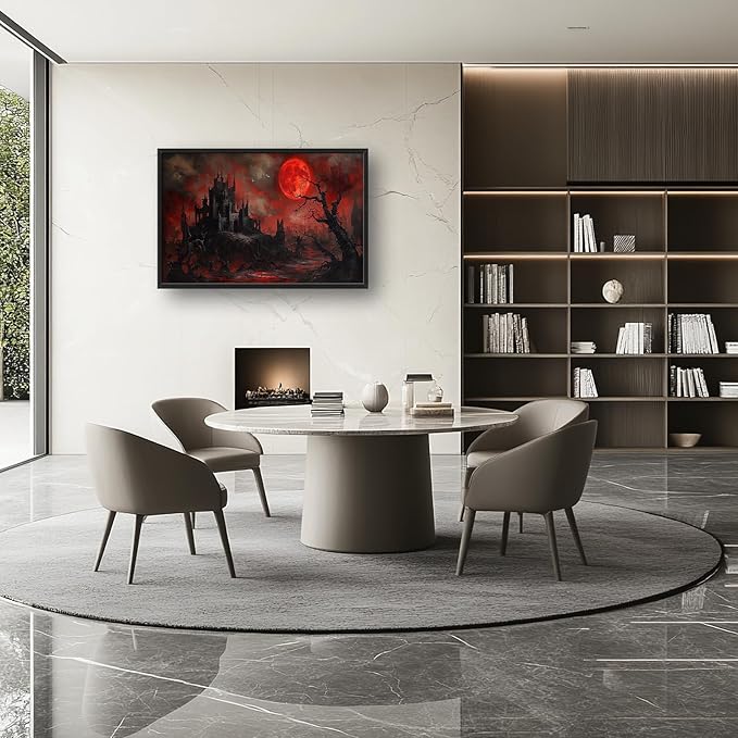Large Gothic Spooky Haunted House Framed Wall Art for Living Room Dark Academia Castle Pictures Wall Decor Goth Print Painting Artwork Home Decorations for Gothic Room Bedroom Office 36x24 inch