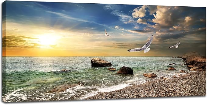 Coastal Beach Big Wall Art Ocean Picture Wall Decor Gold Sunlight Seagull Seascape Theme Large Canvas Print Modern Frame Artwork for Bedroom Bathroom Living Room Home Office 60"x30"