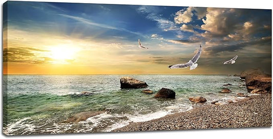 Coastal Beach Big Wall Art Ocean Picture Wall Decor Gold Sunlight Seagull Seascape Theme Large Canvas Print Modern Frame Artwork for Bedroom Bathroom Living Room Home Office 60"x30"