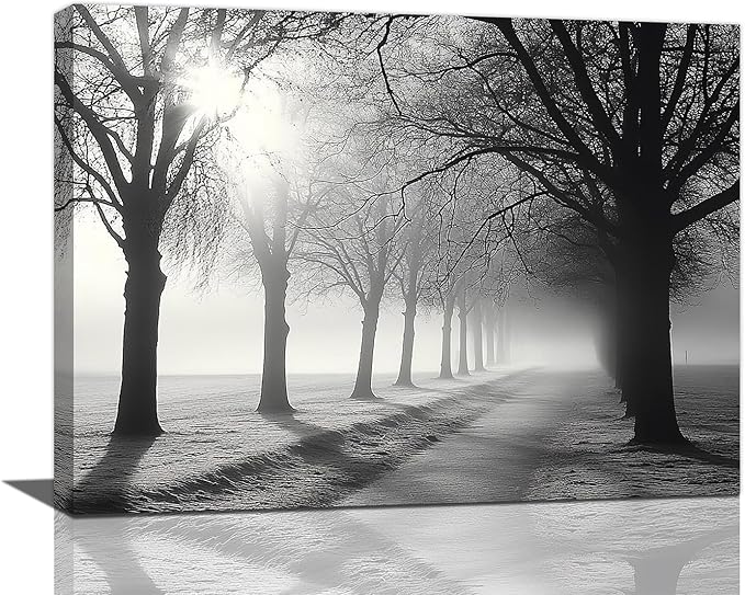 Olivine Tree Wall Art, Black And White Pictures Wall Decor, Mist Forest Painting Nature Lanscape Canvas Prints, Framed Artwork for Bathroom Bedroom Living Room Kitchen Office Home Decoration 16"x12"