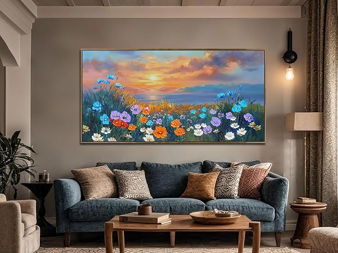 Ardemy Landscape Wall Art for Living Room Coastal Sunset Flower Canvas Bedroom Textured Floral Wildflower Blue Ocean Painting Nature Artwork Home Office Wall Decor, Wood Framed Extra Large 58"x29"
