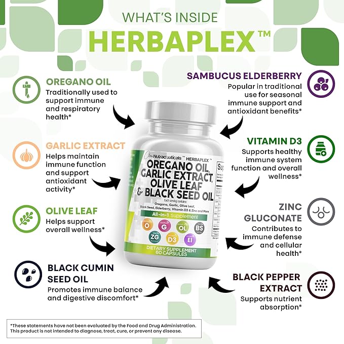 Clean Nutraceuticals Oregano Oil Garlic Extract Olive Leaf Black Seed Oil- Immune Support & Digestive Health Supplement for Women and Men with Vitamin D3 & Zinc - 5Pack