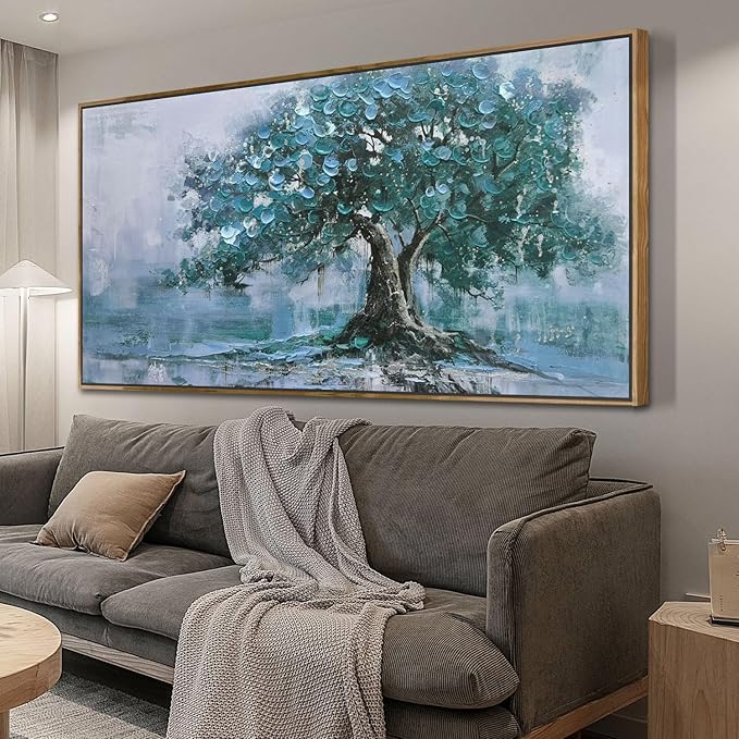 Ardemy Tree Canvas Wall Art for Living Room Teal Tree of Life Landscape Bedroom Picture Modern Nature Painting Blue Artwork Home Office Wall Decor, Extra Large Wood Framed 58"x29"