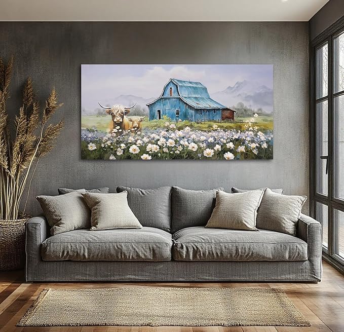 Anolyfi Barn Farmhouse Canvas Wall Art for Living Room, Highland Cow Picture and Country Chic Landscape Farm Painting Turquoise Artwork Framed Bedroom Bathroom Office Hallway Home Decor 40"x20"