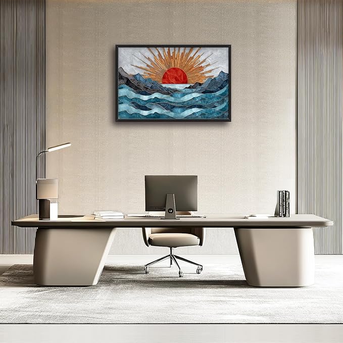 Glocmna Large Wall Art for Living Room Japanese Stained Glass Mountain Sunrise Wall Decor Modern Oriental Landscape Canvas Big Pictures Painting Print Framed Artwork Decorations Gifts for Bedroom Home Office Hotel 24"x36"
