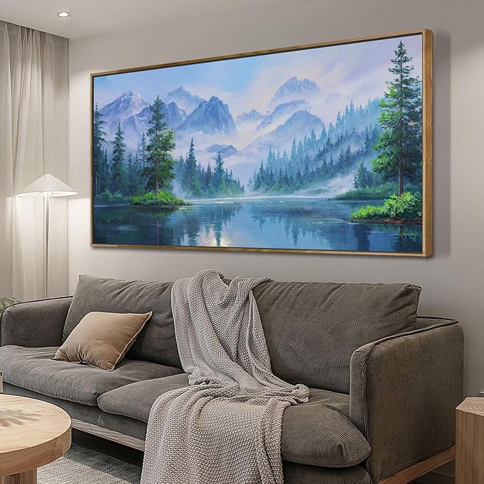 Ardemy Landscape Wall Art Canvas for Living Room Mountain Lake Nature Bedroom Painting Textured Misty Forest Scenery Picture Green Blue Artwork Home Office Decor, Wood Framed Extra Large 58"x29"