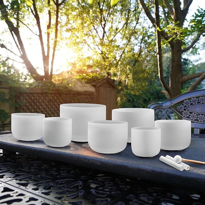 Ryan Dvan 432Hz 7-12 Inch 7 Chakra Crystal Singing Bowl Set Frosted Quartz Crystal Sound Therapy Kit with Suede Mallets 2 Travel Cases O-Ring Tool for Yoga Meditation Energy Balancing Reiki Healing