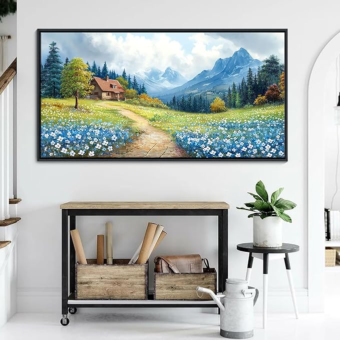 CHATYOUNG Framed Wall Art Landscape Paintings, Blue Misty Mountains Rustic Canvas Prints Farmhouse Cottage Wall Pictures Large 24"X48" for Living Room Bedroom Bathroom Home Decor Moving Gift