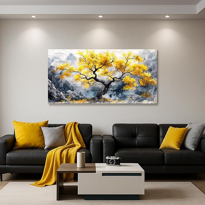 crmotu Tree of Life Large Wall Art, Chinoiserie Scenic Ink Paintings, Mountain Tree Landscape Artwork for Walls, Abstract Watercolor Modern Wall Decor Living Room Bedroom Office Art Prints 24x48inch