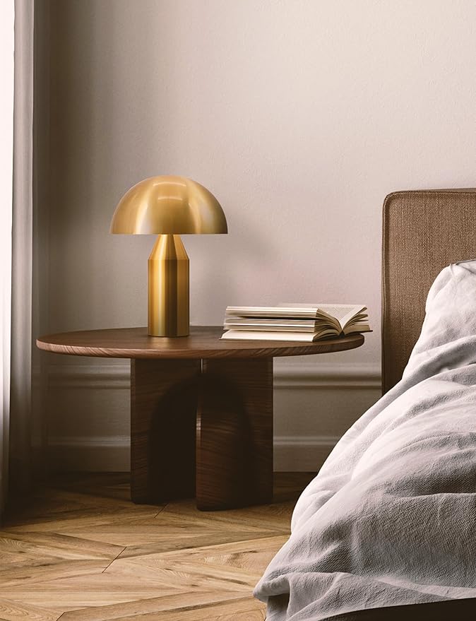 Brightech Venus Mushroom Table Lamp - Modern Lamp for Living Room, Bedroom Side/End Table - Dimmable, Unique Side Table LED Lamp Shade for Office, Reading - Brass/Gold, 14" Tall