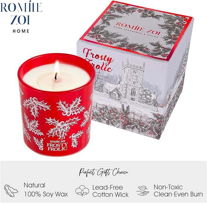 Christmas Scented Jar Candle - 6oz Soy Wax Candle - Frosty Frolic Infused with Pine Forest Aroma - with Beautiful Keepsake Box Special for Christmas/Holiday Gifts